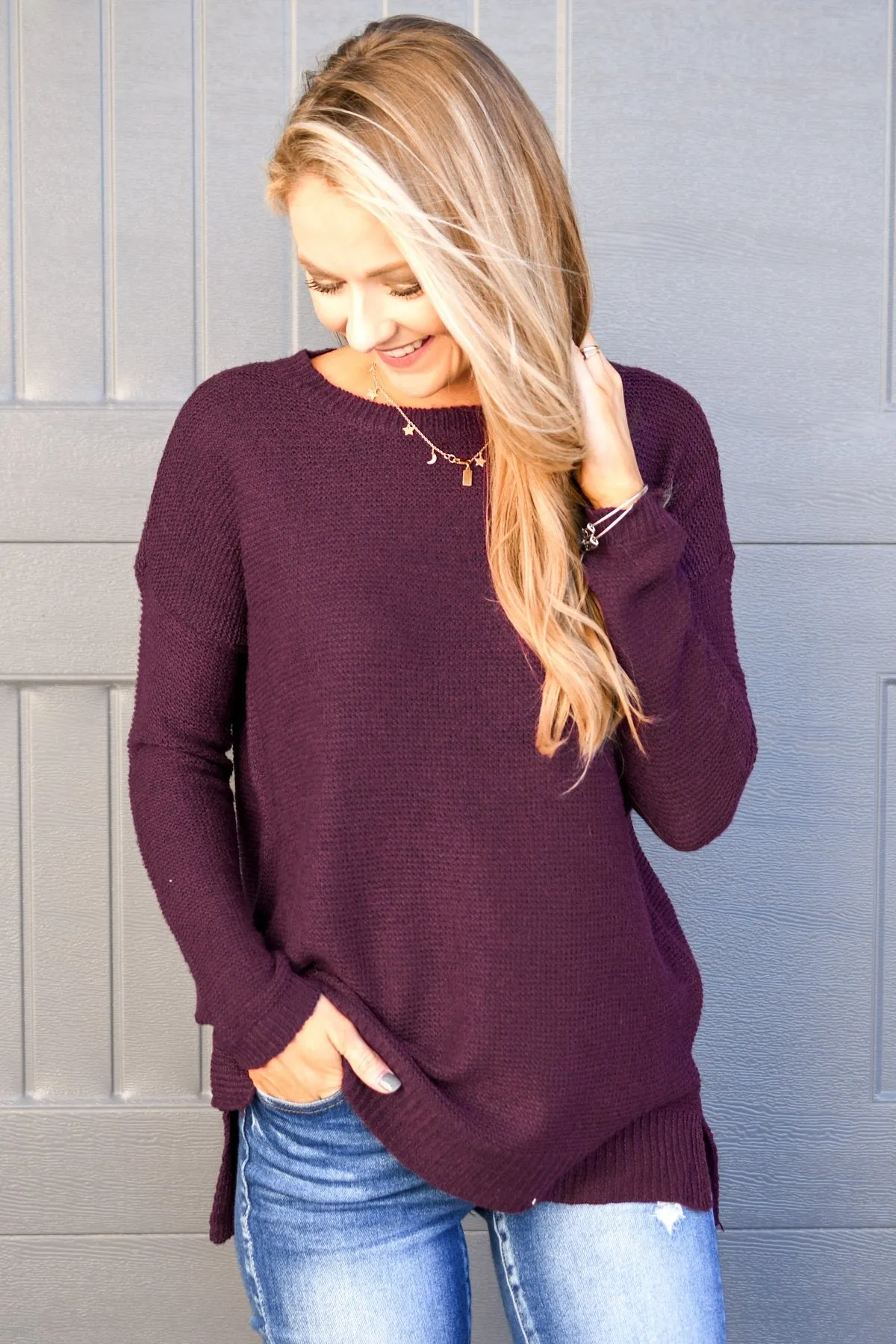 Reaching Out To You Knit Sweater- Deep Plum