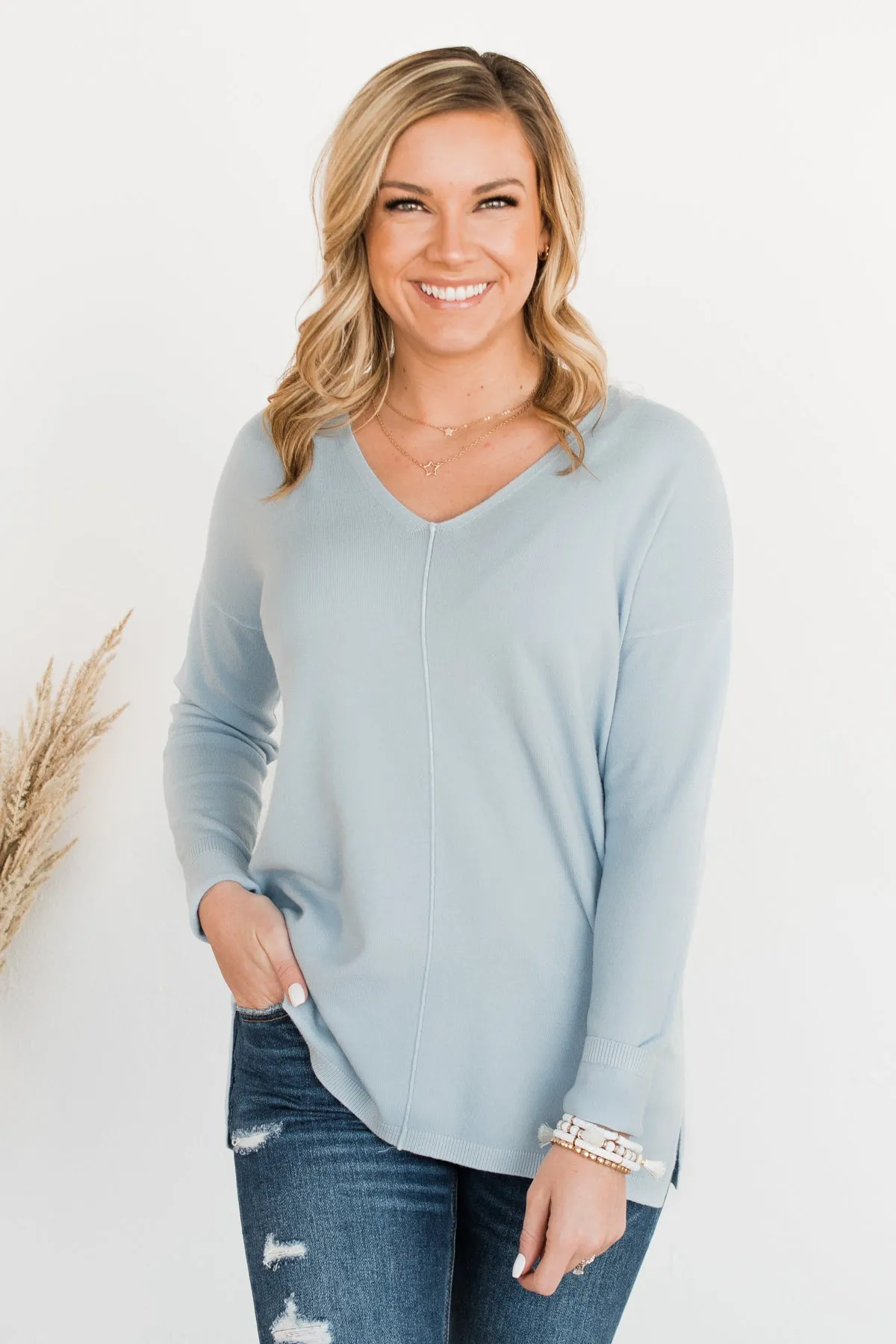 Soft As A Cloud V-Neck Sweater- Baby Blue