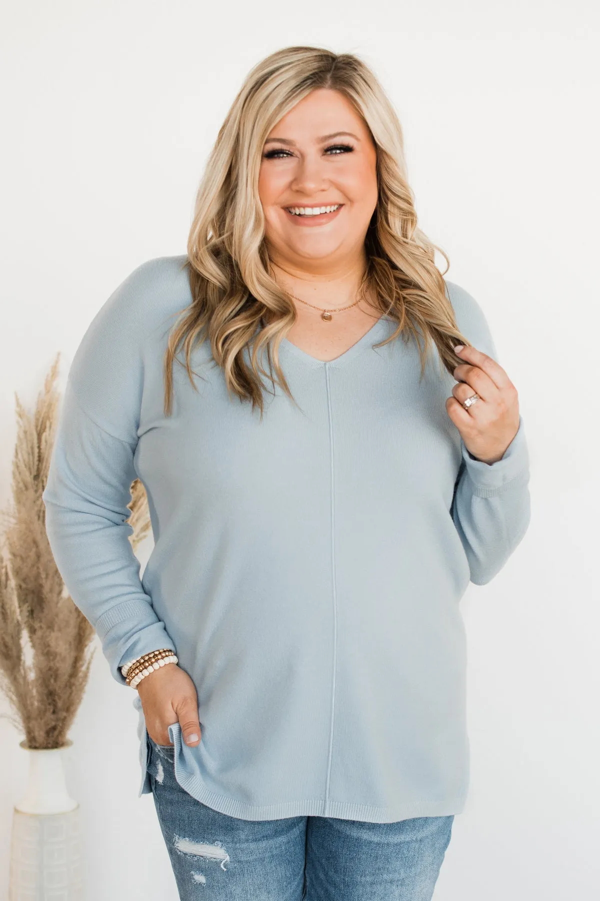 Soft As A Cloud V-Neck Sweater- Baby Blue