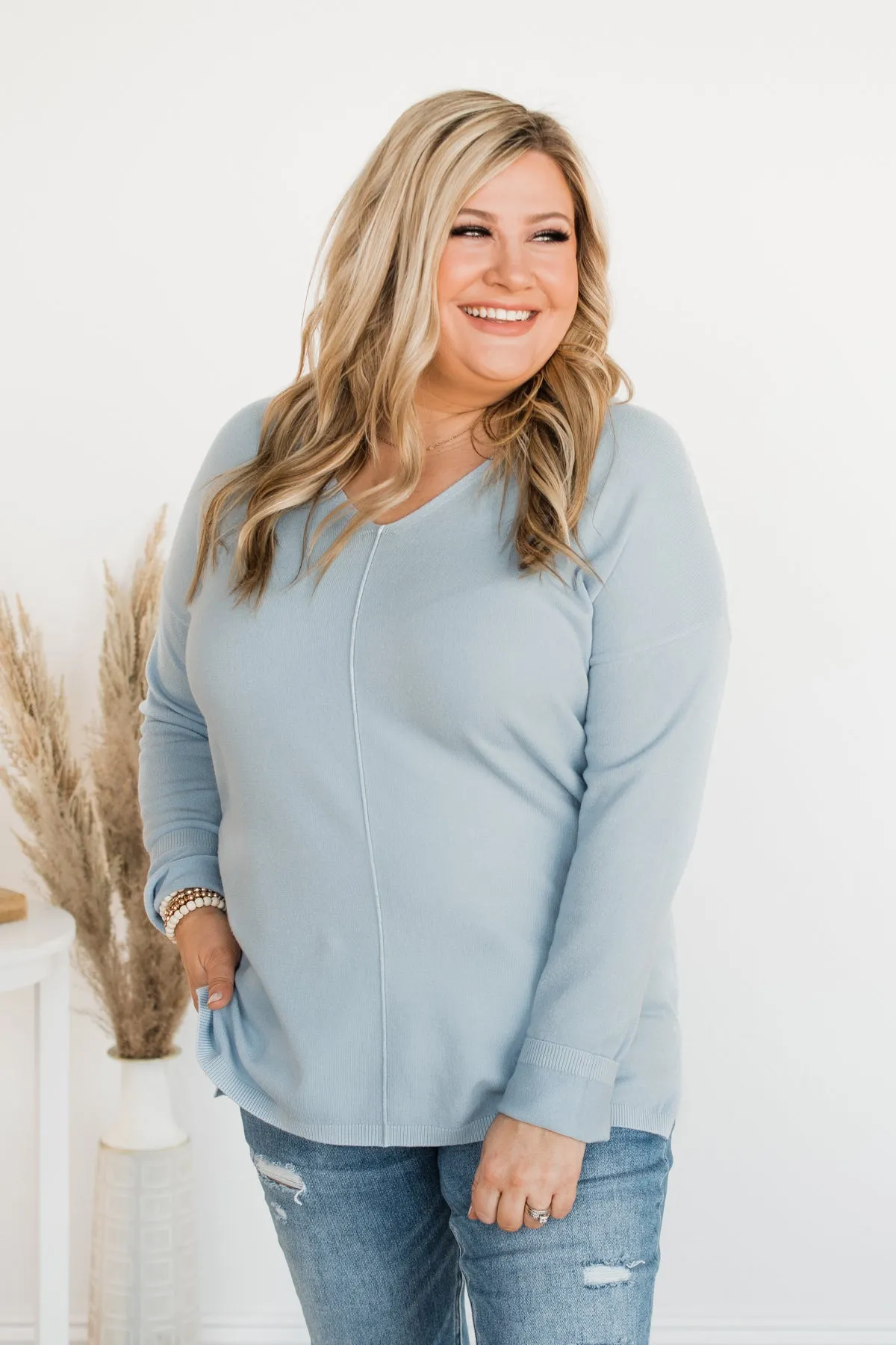 Soft As A Cloud V-Neck Sweater- Baby Blue