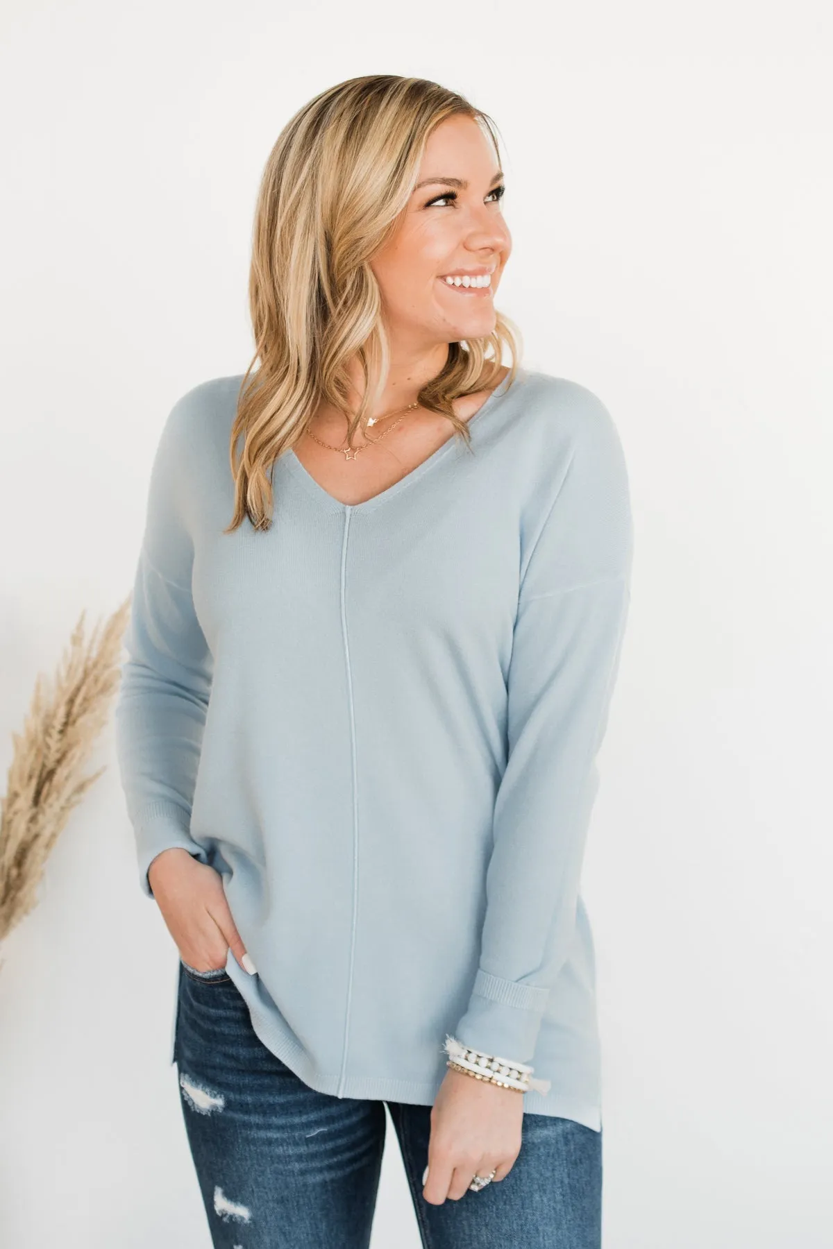 Soft As A Cloud V-Neck Sweater- Baby Blue