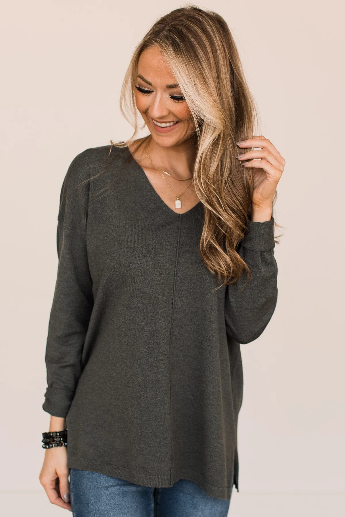 Soft As A Cloud V-Neck Sweater- Charcoal