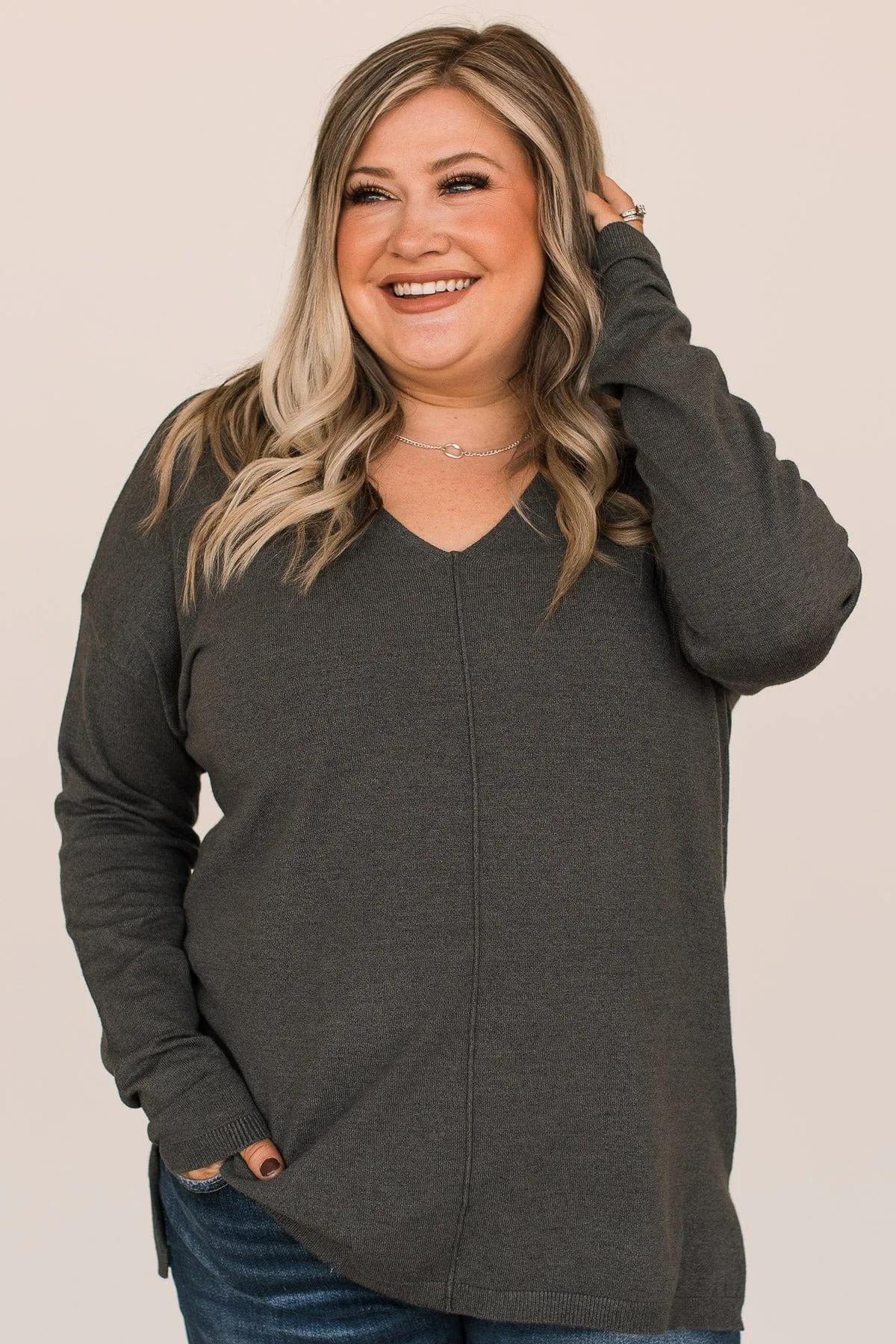 Soft As A Cloud V-Neck Sweater- Charcoal