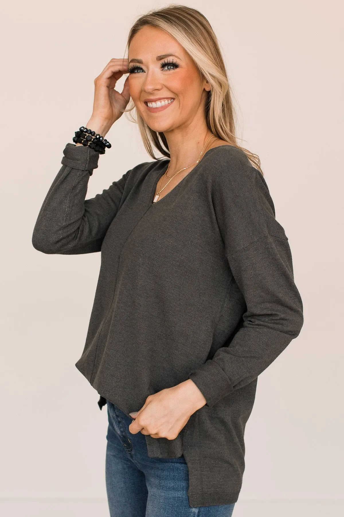 Soft As A Cloud V-Neck Sweater- Charcoal