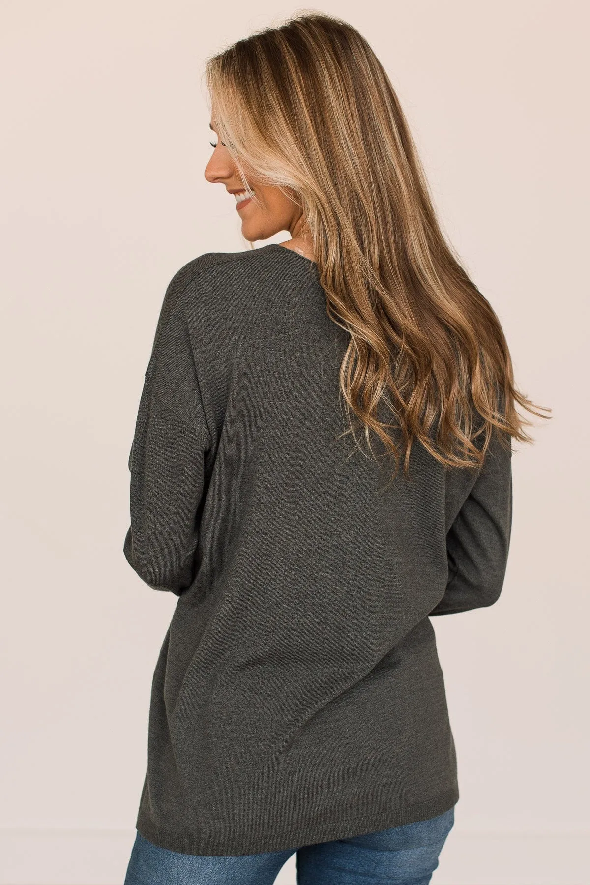 Soft As A Cloud V-Neck Sweater- Charcoal