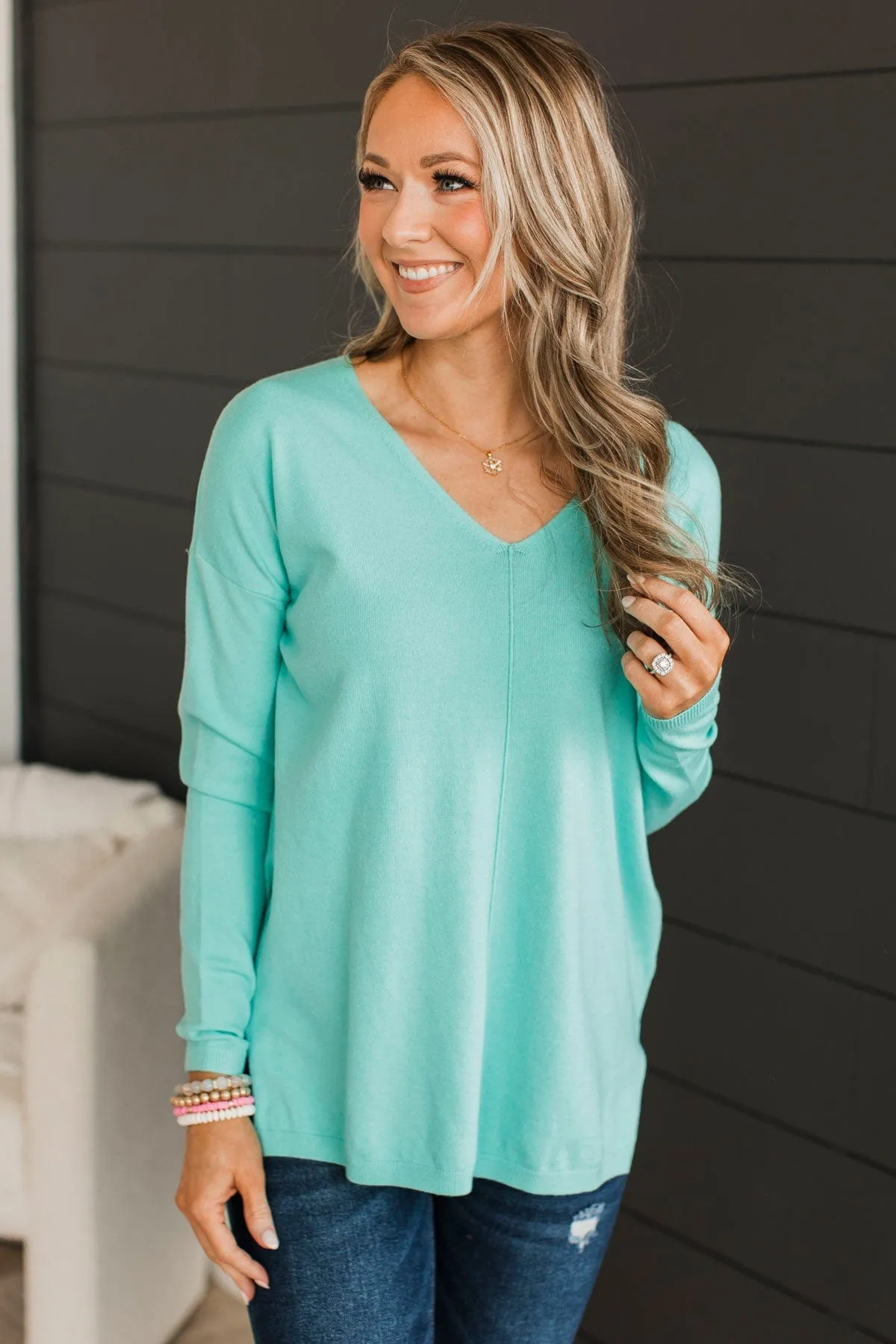 Soft As A Cloud V-Neck Sweater- Mint