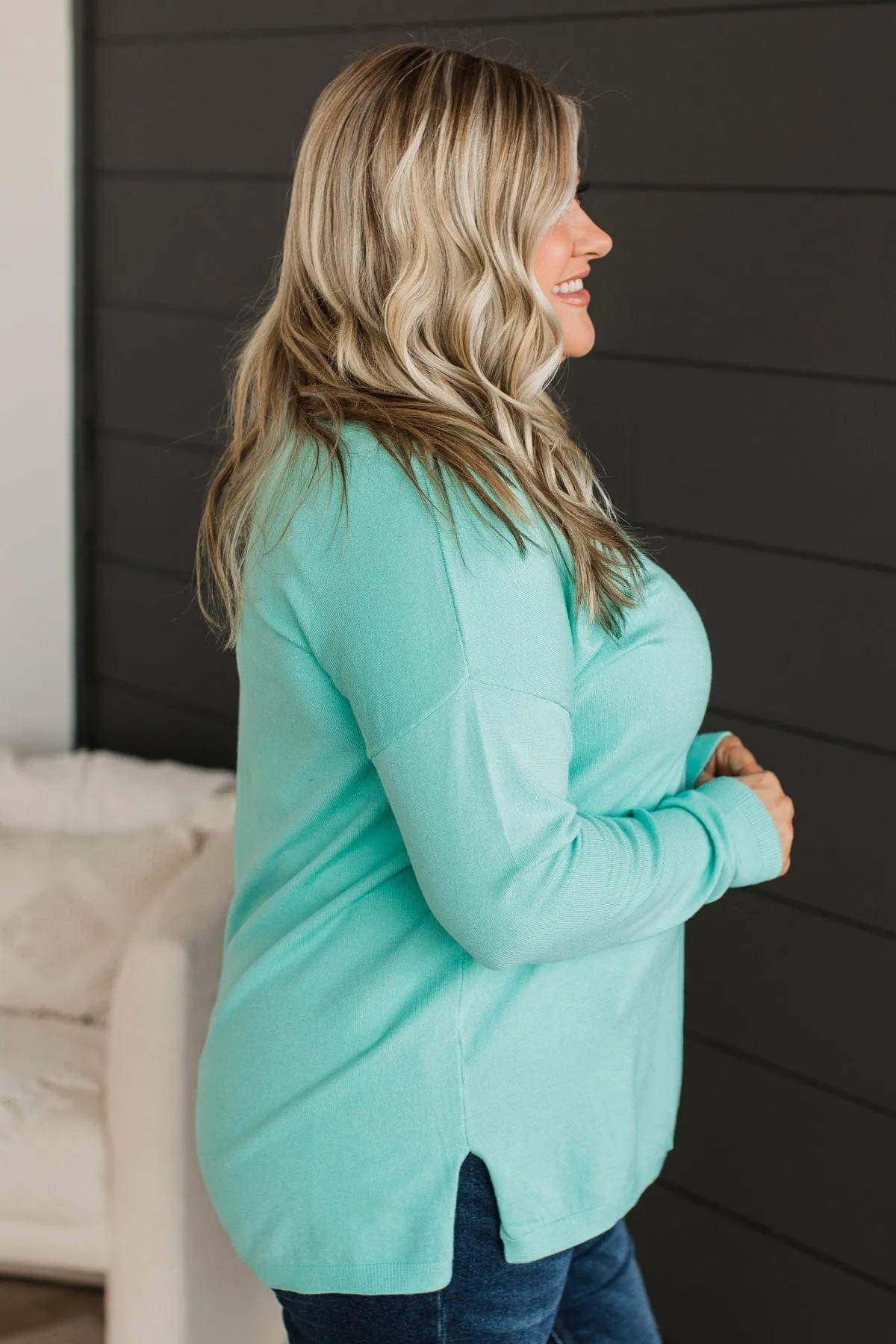 Soft As A Cloud V-Neck Sweater- Mint