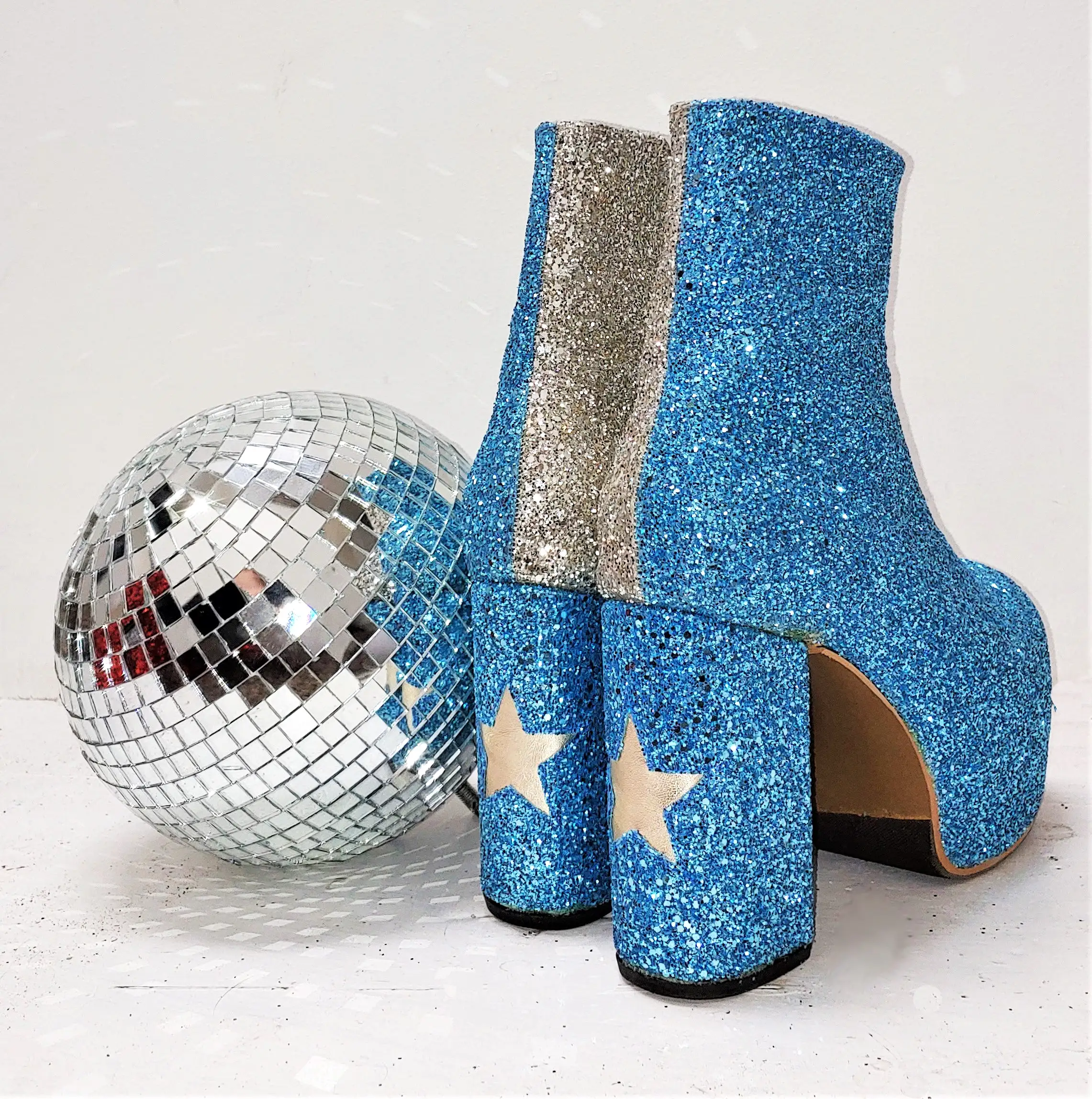 STARDUST Harlequin Platform Ankle Boots in Blue & Champagne Glitter