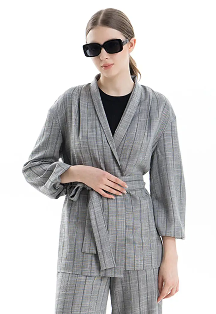 Striped Lantern Sleeves Open Jacket