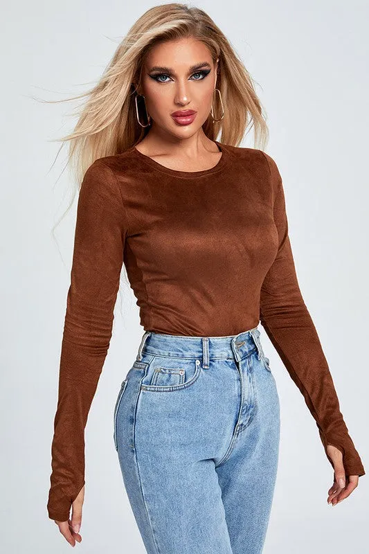 Suede-Like Long Sleeve Bodysuit