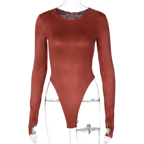 Suede-Like Long Sleeve Bodysuit