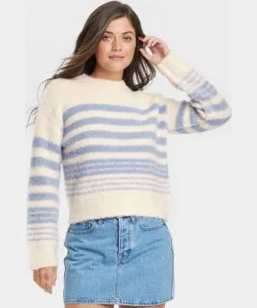 Universal Thread Women's Boucle Crewneck Pullover Sweater - Universal Thread™ Blue/Cream Striped