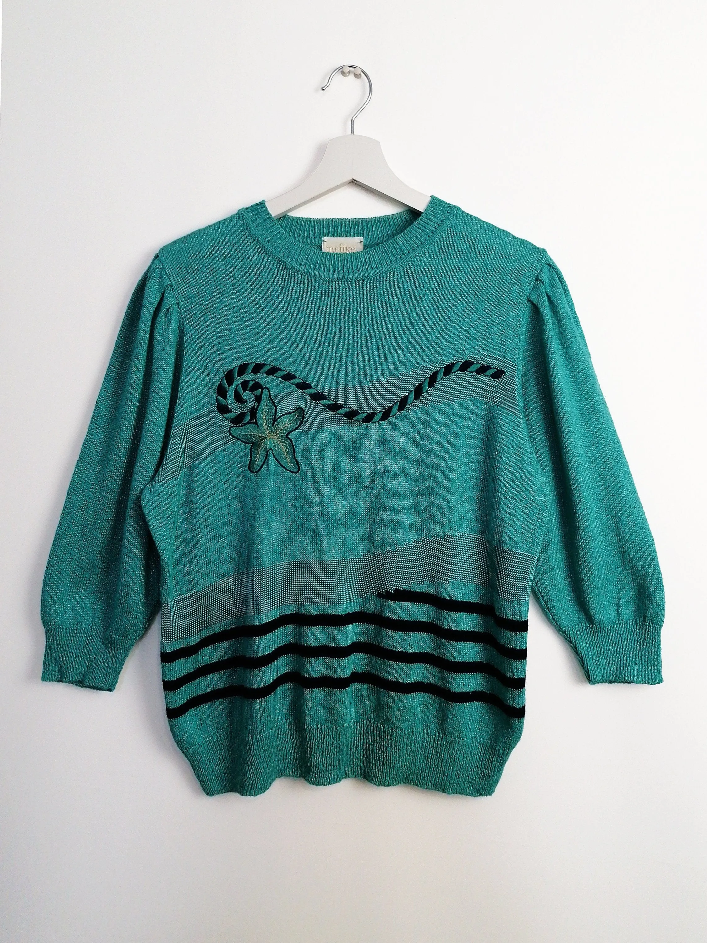 Vintage 80's Embroidery Knit Turquoise Retro Sweater