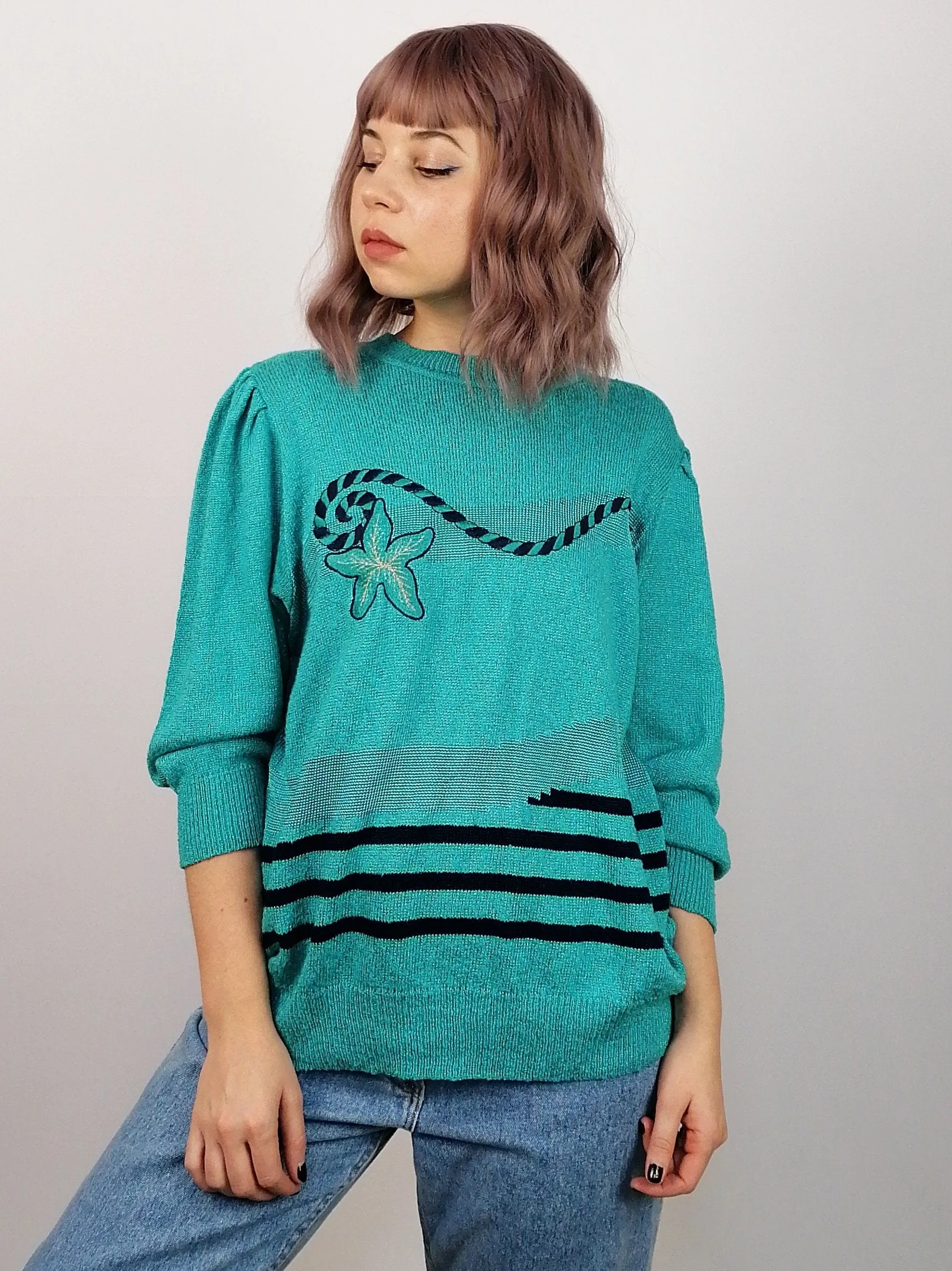 Vintage 80's Embroidery Knit Turquoise Retro Sweater