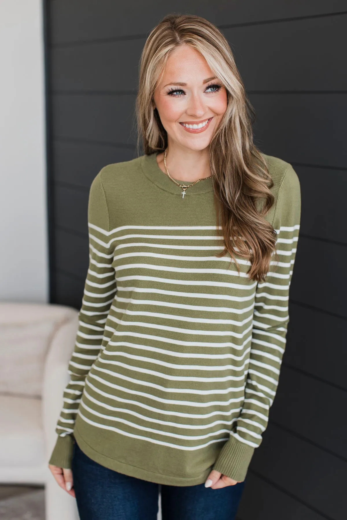 Voice My Love Striped Lightweight Sweater- Light Olive