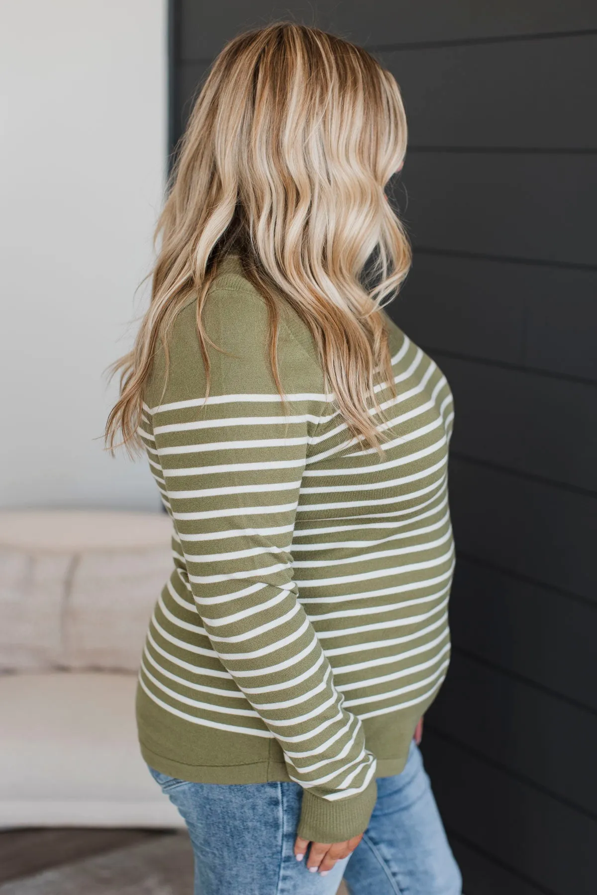 Voice My Love Striped Lightweight Sweater- Light Olive