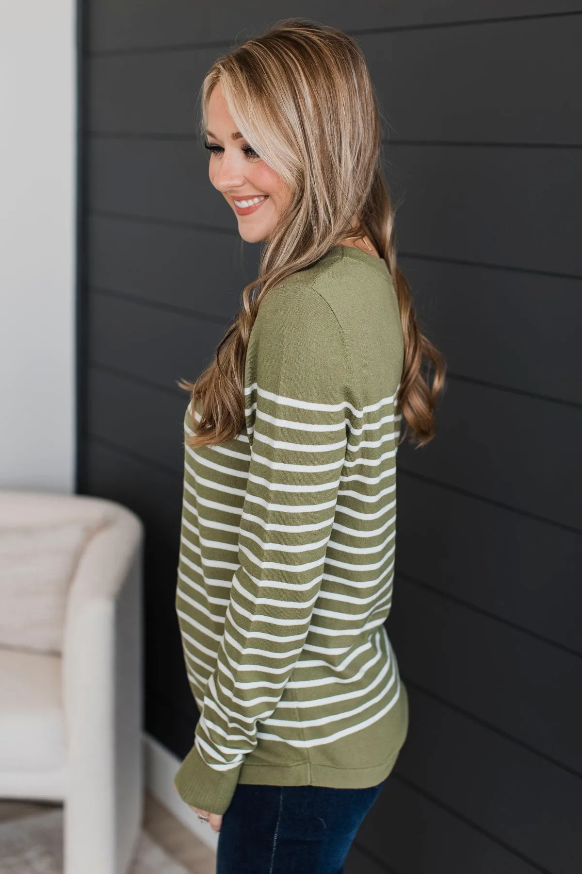 Voice My Love Striped Lightweight Sweater- Light Olive