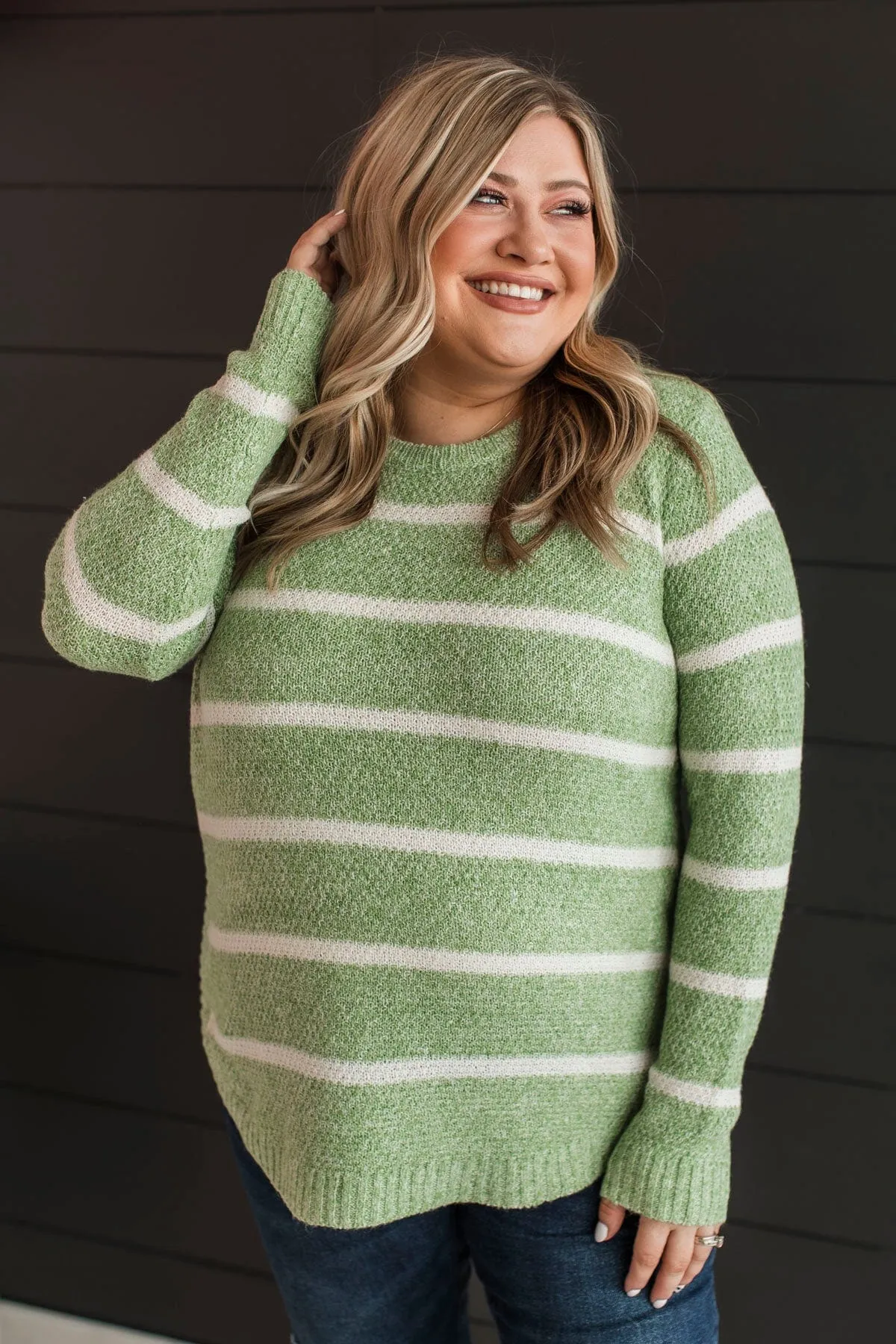 Way Of Life Striped Knit Sweater- Green & Ivory