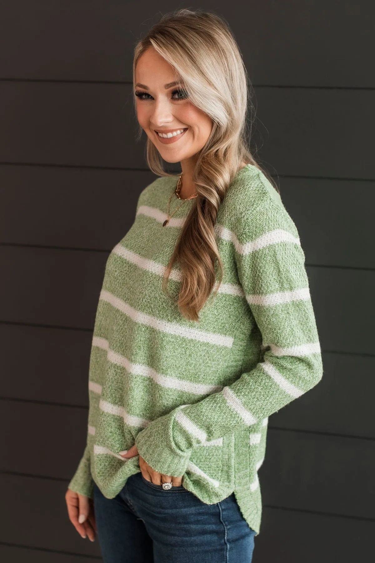 Way Of Life Striped Knit Sweater- Green & Ivory