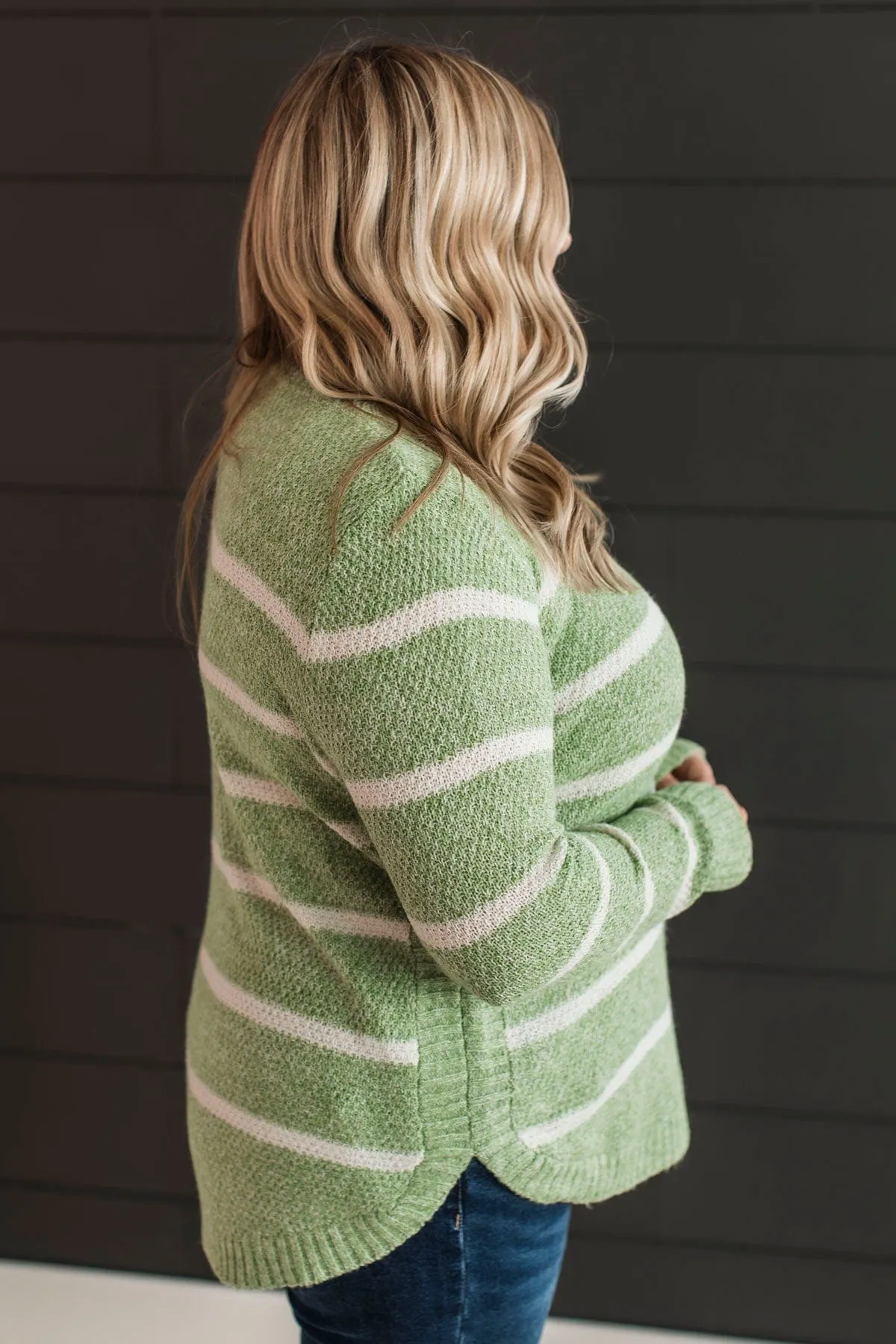 Way Of Life Striped Knit Sweater- Green & Ivory