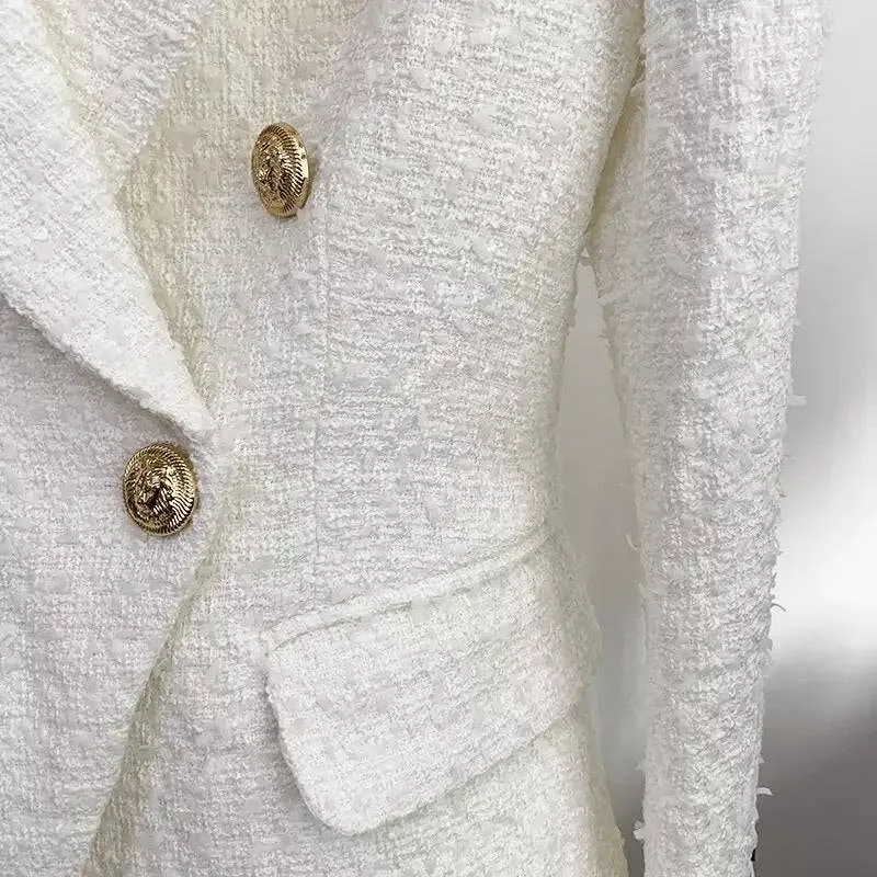 White Tweed Blazer With Decorative Gold Buttons