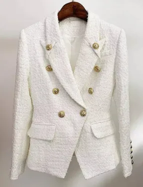 White Tweed Blazer With Decorative Gold Buttons