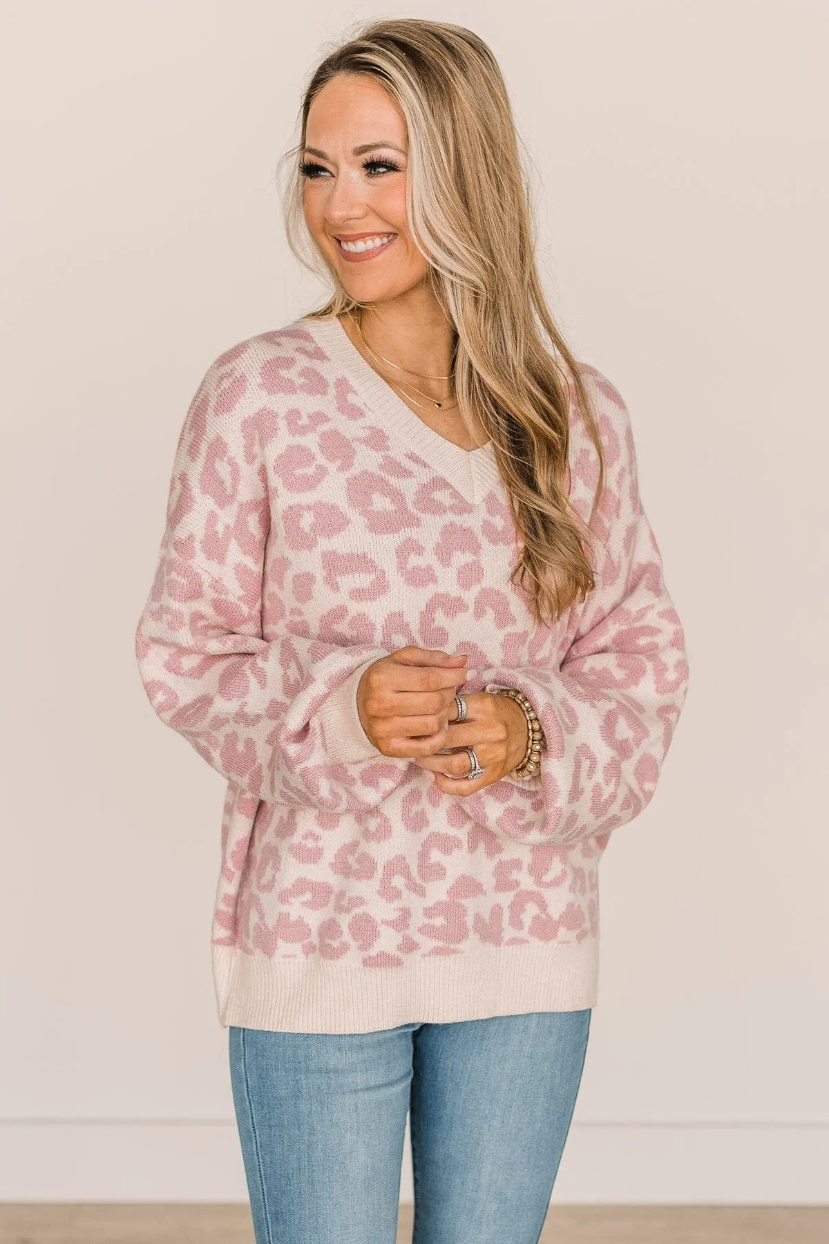 Wildly Confident Leopard Print Sweater- Cream & Mauve Pink