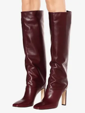 Women' Burgundy Boots Square Toe Chunky Heel Knee High Boots