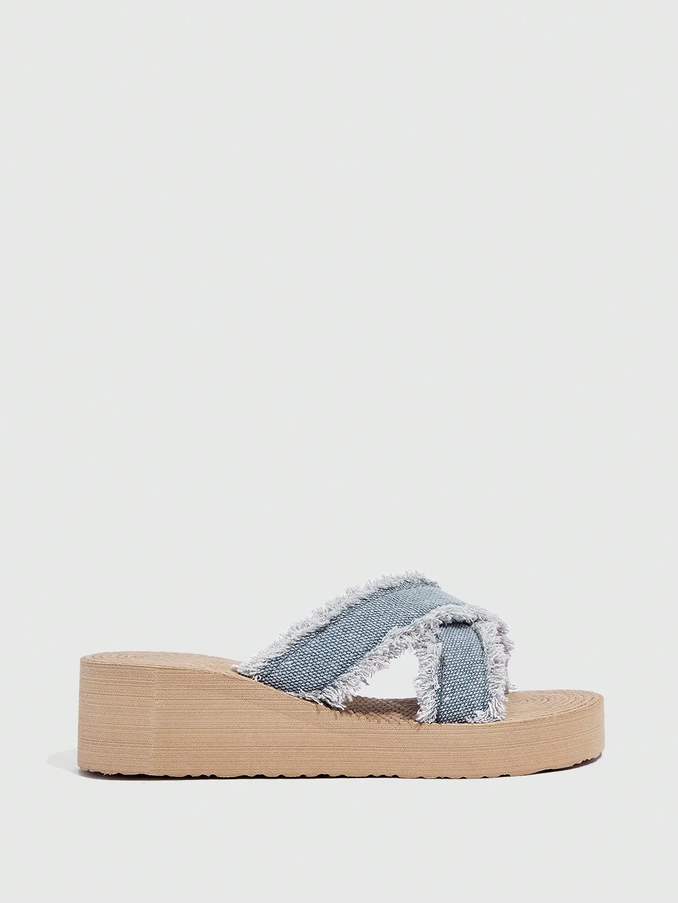 Women Criss Cross Raw Trim Slides, Vacation Summer Denim Slippers