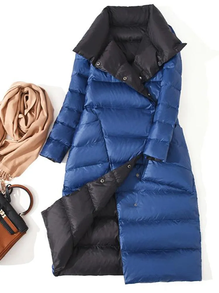 Women Double Sided Down Long Jacket Winter Turtleneck