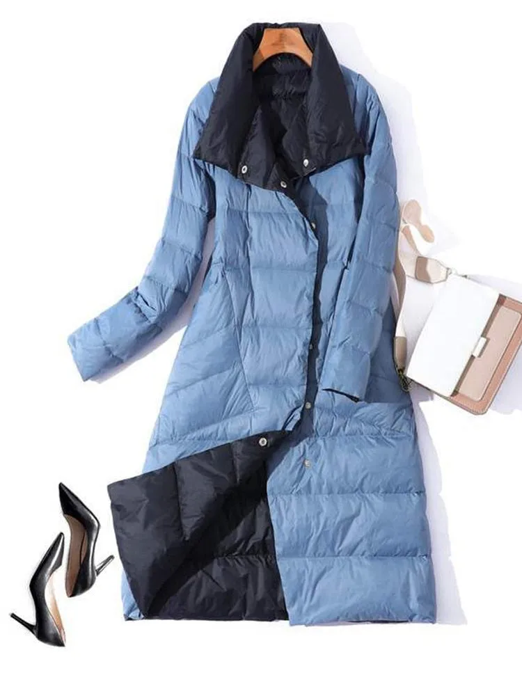 Women Double Sided Down Long Jacket Winter Turtleneck