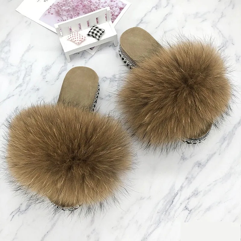 Women's Raccoon Retro Summer Fluffy Flip-flops Rivets House Slippers