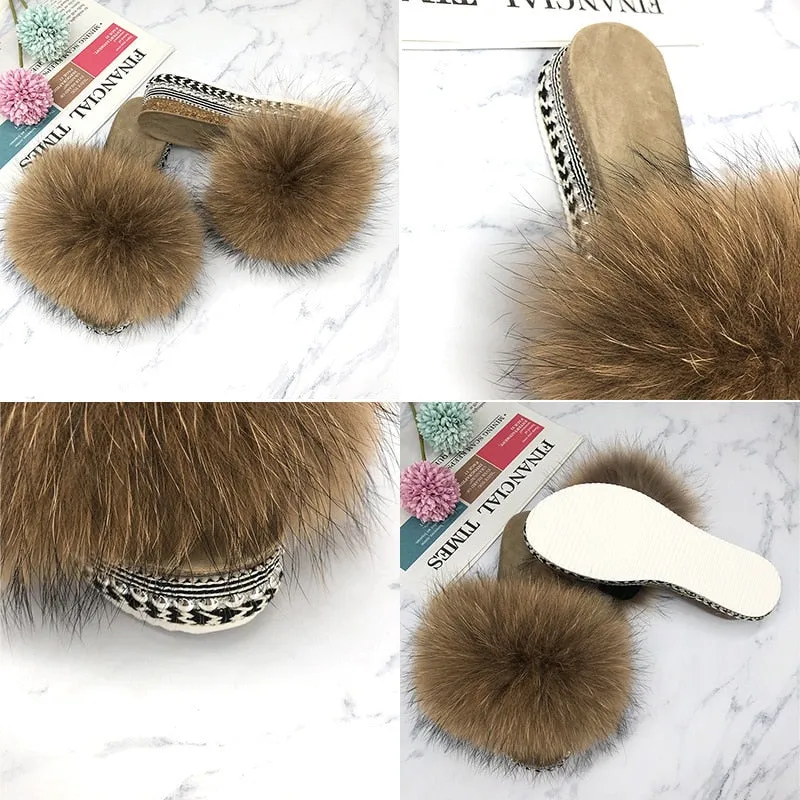 Women's Raccoon Retro Summer Fluffy Flip-flops Rivets House Slippers