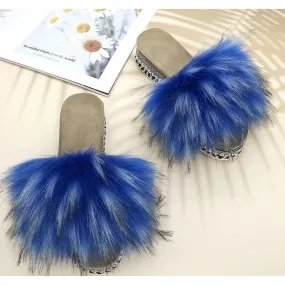 Women's Summer Blue Color Synthetic Fur Rivet Platform House Slippers