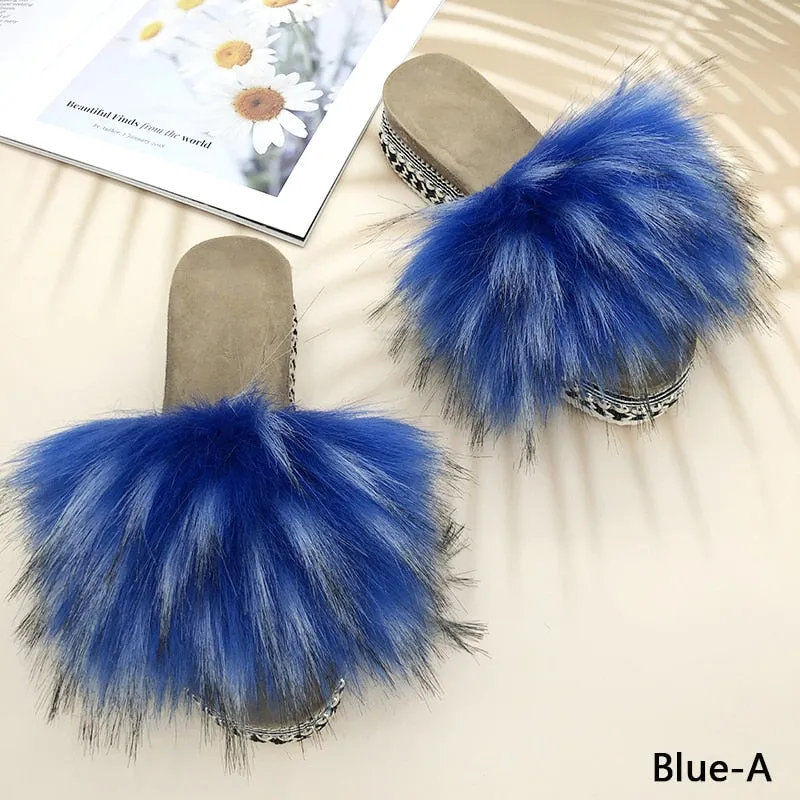 Women's Summer Blue Color Synthetic Fur Rivet Platform House Slippers