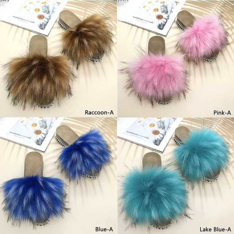 Women's Summer Blue Color Synthetic Fur Rivet Platform House Slippers