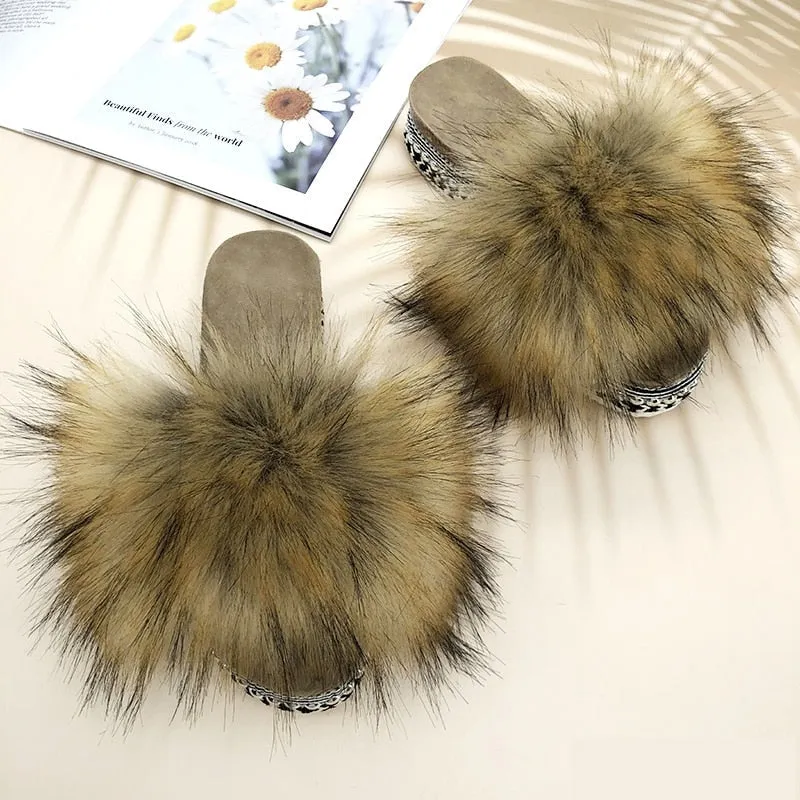 Women's Summer Luxury Raccoon Synthetic Fur Rivet Platform House Slippers