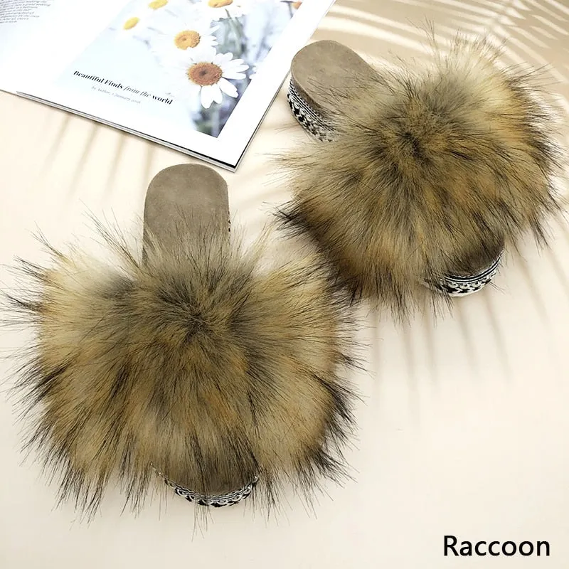 Women's Summer Luxury Raccoon Synthetic Fur Rivet Platform House Slippers