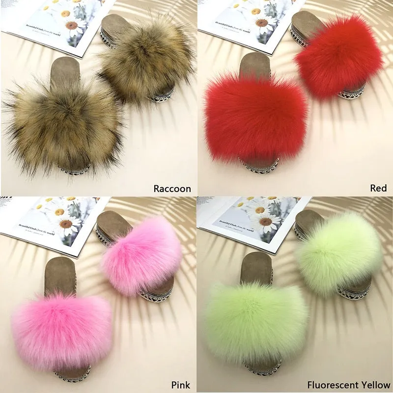 Women's Summer Luxury Raccoon Synthetic Fur Rivet Platform House Slippers