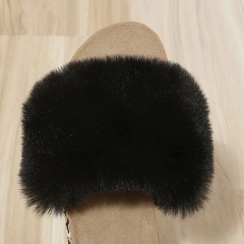 Women's Summer Luxury Raccoon Synthetic Fur Rivet Platform House Slippers